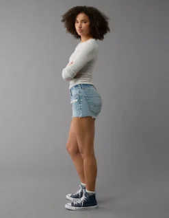 AE Next Level Curvy Ripped High-Waisted Denim Short Short Royally Light -American Eagle Fashion 0545 8207 978 os
