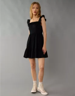 AE Square Neck Ruffle Tiered Mini Dress Black