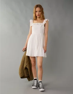 AE Square Neck Ruffle Tiered Mini Dress Cream