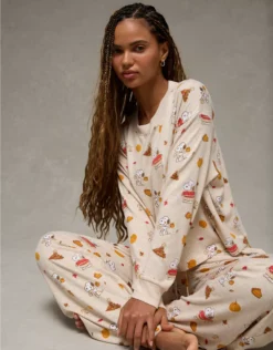 AE Luxe Plush Snoopy Fall Long-Sleeve & Pant PJ Set Oatmeal Heather