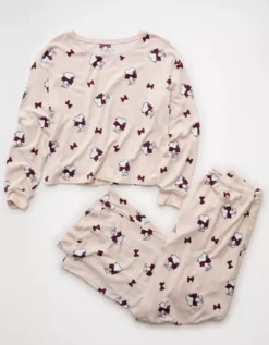 AE Luxe Plush Snoopy Long-Sleeve & Pant PJ Set Oatmeal Heather -American Eagle Fashion 0575 1266 864 f