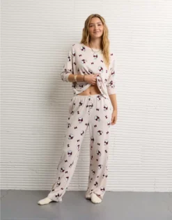 AE Luxe Plush Snoopy Long-Sleeve & Pant PJ Set Oatmeal Heather