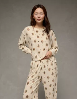 AE Luxe Plush Long-Sleeve & Pant PJ Set Bone Khaki