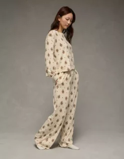 AE Luxe Plush Long-Sleeve & Pant PJ Set Bone Khaki -American Eagle Fashion 0575 1268 210 os