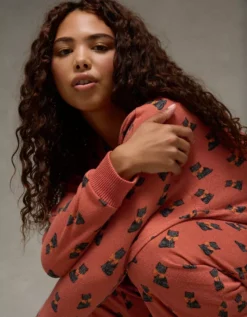 AE Luxe Plush Halloween Long-Sleeve & Pant PJ Set Cognac -American Eagle Fashion 0575 1325 249 d2