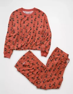 AE Luxe Plush Halloween Long-Sleeve & Pant PJ Set Cognac -American Eagle Fashion 0575 1325 249 f
