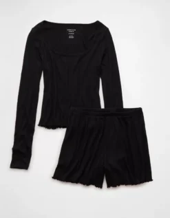 AE Ribbed Plush PJ Set Bold Black -American Eagle Fashion 0575 1331 064 f