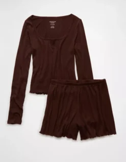 AE Ribbed Plush PJ Set Brown -American Eagle Fashion 0575 1331 200 f