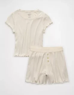 AE Ribbed Plush Baby Tee PJ Set Cream 7 AE Ribbed Plush Baby Tee PJ Set Cream -American Eagle Fashion 0575 3612 106 f