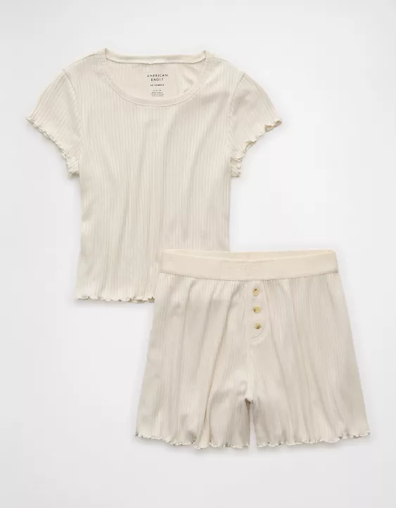 AE Ribbed Plush Baby Tee PJ Set Cream 3 AE Ribbed Plush Baby Tee PJ Set Cream - Image 3
