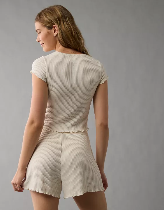 AE Ribbed Plush Baby Tee PJ Set Cream 2 AE Ribbed Plush Baby Tee PJ Set Cream - Image 2