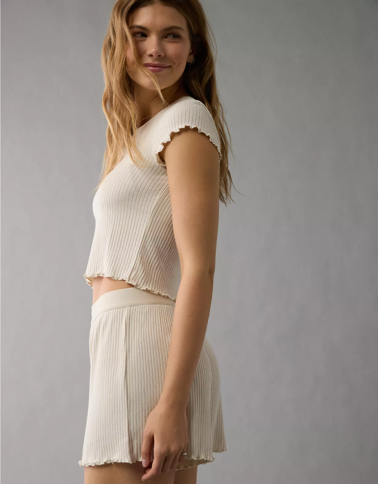 AE Ribbed Plush Baby Tee PJ Set Cream 1 AE Ribbed Plush Baby Tee PJ Set Cream