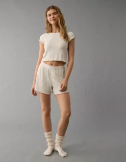 AE Ribbed Plush Baby Tee PJ Set Cream 8 AE Ribbed Plush Baby Tee PJ Set Cream -American Eagle Fashion 0575 3612 106 os