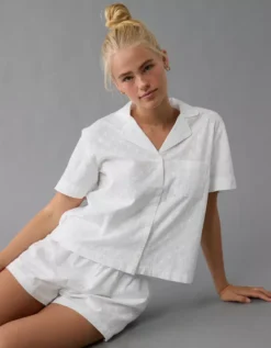 AE Eyelet Button-Up PJ Set Moonlight -American Eagle Fashion 0575 3708 689 os