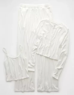 AE 3-Piece Pointelle Plush Cardigan Pajama Set White -American Eagle Fashion 0575 3713 100 f