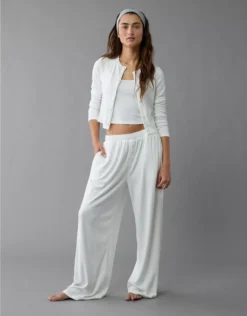 AE 3-Piece Pointelle Plush Cardigan Pajama Set White