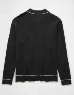 AE Long-Sleeve Tipped Waffle Sweater Polo Shirt Heather Gray -American Eagle Fashion 1148 1942 006 b