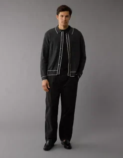 AE Long-Sleeve Tipped Waffle Sweater Polo Shirt Heather Gray -American Eagle Fashion 1148 1942 006 os