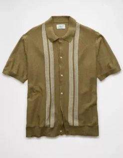 AE Weekend Button-Up Striped Sweater Polo Shirt Green -American Eagle Fashion 1148 1951 300 f