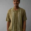AE Weekend Button-Up Striped Sweater Polo Shirt Green