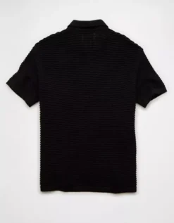 AE Weekend Textured Button-Up Sweater Polo Shirt Black -American Eagle Fashion 1148 1982 001 b