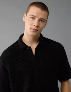 AE Weekend Textured Button-Up Sweater Polo Shirt Black -American Eagle Fashion 1148 1982 001 d2