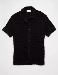 AE Weekend Textured Button-Up Sweater Polo Shirt Black -American Eagle Fashion 1148 1982 001 f