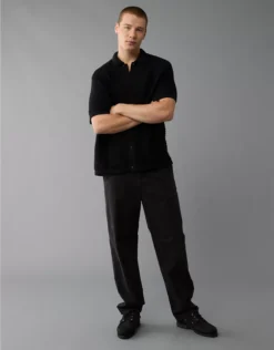 AE Weekend Textured Button-Up Sweater Polo Shirt Black