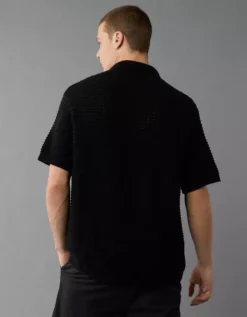 AE Weekend Textured Button-Up Sweater Polo Shirt Black -American Eagle Fashion 1148 1982 001 os