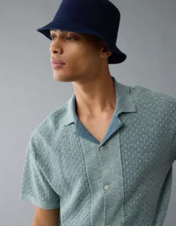 AE Weekend Jacquard Button-Up Sweater Polo Shirt Light Blue -American Eagle Fashion 1148 1991 401 d2