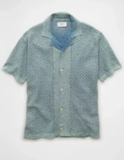 AE Weekend Jacquard Button-Up Sweater Polo Shirt Light Blue -American Eagle Fashion 1148 1991 401 f