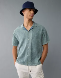 AE Weekend Jacquard Button-Up Sweater Polo Shirt Light Blue