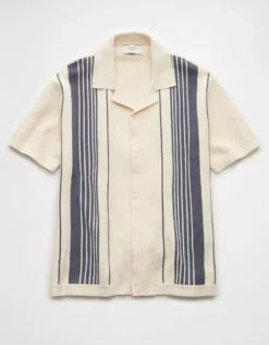 AE Weekend Striped Button-Up Sweater Polo Shirt Frosty Cream -American Eagle Fashion 1148 1994 102 f