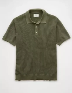 AE Weekend Washed Sweater Polo Shirt Olive -American Eagle Fashion 1148 2007 309 f
