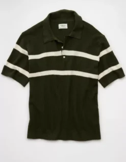 AE Weekend Pointelle Striped Sweater Polo Shirt Green Alpine -American Eagle Fashion 1148 2008 283 f