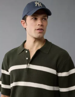 AE Weekend Pointelle Striped Sweater Polo Shirt Green Alpine -American Eagle Fashion 1148 2008 283 os
