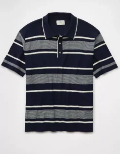 AE Weekend Jersey Striped Sweater Polo Shirt Deep Navy -American Eagle Fashion 1148 2009 487 f