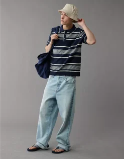 AE Weekend Jersey Striped Sweater Polo Shirt Deep Navy