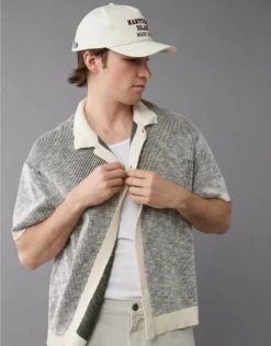 AE Weekend Striped Button-Up Sweater Polo Shirt Green