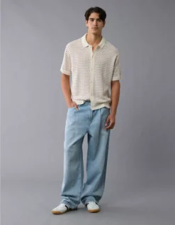 AE Weekend Striped Button-Up Sweater Polo Shirt Cream