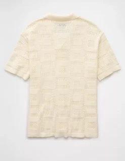 AE Weekend Textured Checkerboard Button-Up Sweater Polo Shirt Cream -American Eagle Fashion 1148 2018 106 b