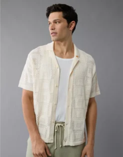 AE Weekend Textured Checkerboard Button-Up Sweater Polo Shirt Cream