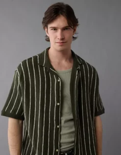AE Weekend Pinstripe Button-Up Sweater Polo Shirt Green Alpine -American Eagle Fashion 1148 2019 283 os