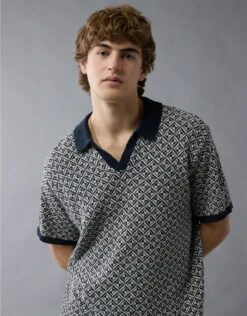 AE Weekend Printed Sweater Polo Shirt Blue