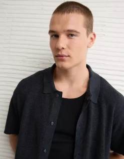 AE Waffle Button-Up Polo Shirt Charcoal -American Eagle Fashion 1148 2030 008 d2