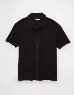 AE Waffle Button-Up Polo Shirt Charcoal -American Eagle Fashion 1148 2030 008 f