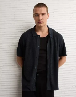 AE Waffle Button-Up Polo Shirt Charcoal -American Eagle Fashion 1148 2030 008 os