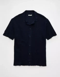 AE Waffle Button-Up Polo Shirt Navy -American Eagle Fashion 1148 2030 410 f