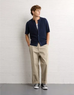 AE Waffle Button-Up Polo Shirt Navy