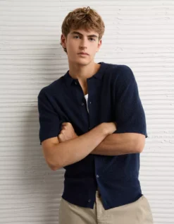 AE Waffle Button-Up Polo Shirt Navy -American Eagle Fashion 1148 2030 410 os